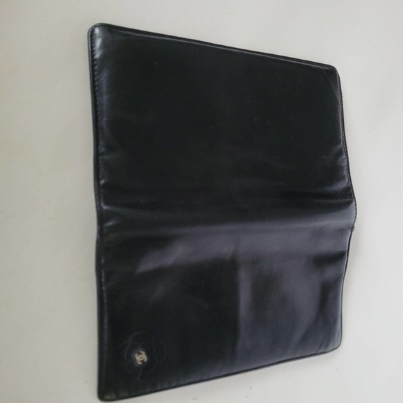 CHANEL Vintage Authentic Camellia Logo Wallet Black Classic Large Bifold Long - Picture 10 of 15